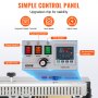 VEVOR band sealer control panel with power, heat, fan switches, speed knob, and temperature controller.