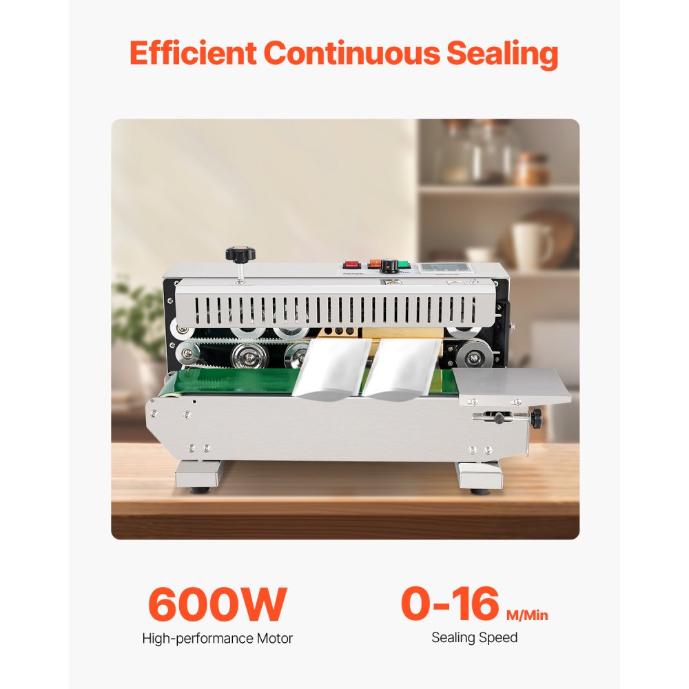 VEVOR Continuous Bag Band Sealing Machine, 6-12 mm Seal Width, Horizontal Band Sealer Machine with Digital Temperature Control, Stainless Steel Bag Sealer for 0.02-0.8 mm Plastic Bag Film Membrane