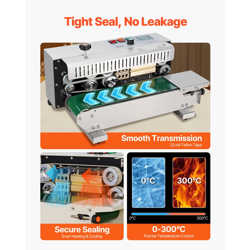 VEVOR Continuous Bag Band Sealing Machine, 6-12 mm Seal Width, Horizontal Band Sealer Machine with Digital Temperature Control, Stainless Steel Bag Sealer for 0.02-0.8 mm Plastic Bag Film Membrane