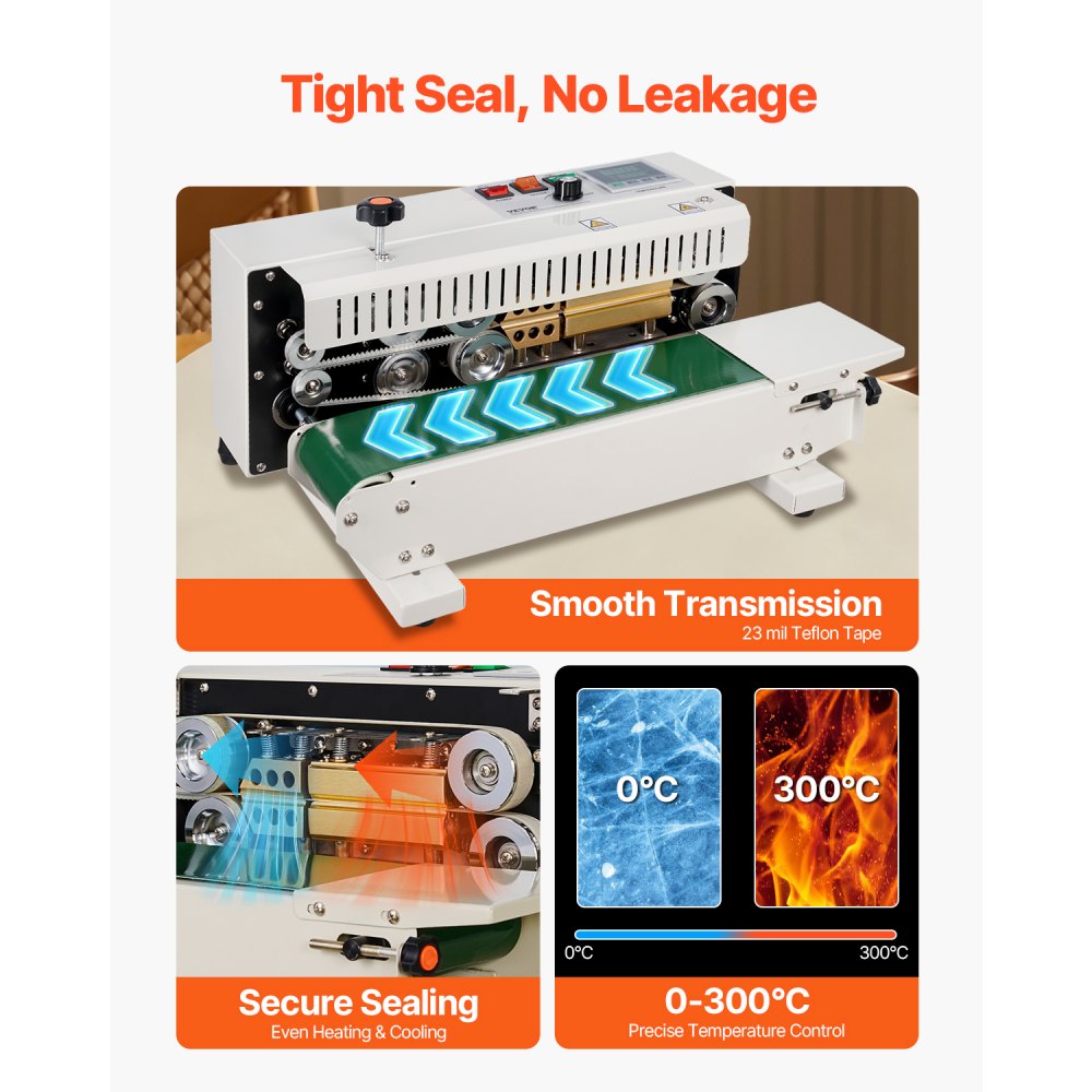 VEVOR Continuous Bag Band Sealing Machine, 6-12 mm Seal Width, Horizontal Band Sealer Machine with Digital Temperature Control, Carbon Steel Bag Sealer for 0.02-0.8 mm Plastic Bags Films Membrane