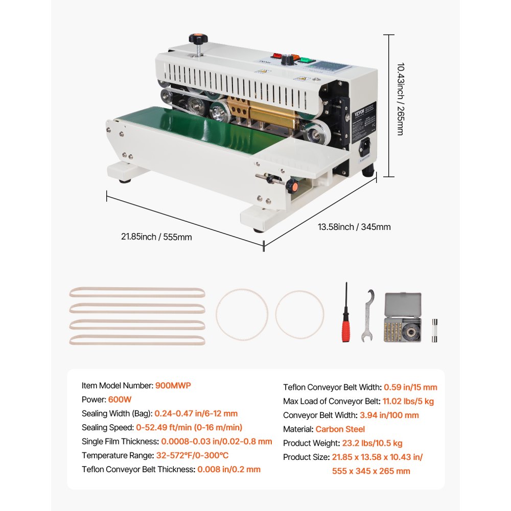 VEVOR Continuous Bag Band Sealing Machine, 6-12 mm Seal Width, Horizontal Band Sealer Machine with Digital Temperature Control, Carbon Steel Bag Sealer for 0.02-0.8 mm Plastic Bags Films Membrane