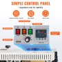 VEVOR band sealer control panel with power, heater, fan switches, speed knob, and temperature controller.