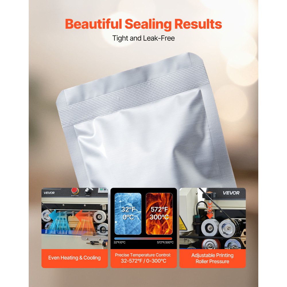 VEVOR Continuous Bag Band Sealing Machine, 0.24-0.47 in Seal Width, Horizontal Band Sealer Machine with Ink Printing, Temp & Speed Adjustable, Heat Sealing Machine for 0.001-0.03 in Plastic Bags