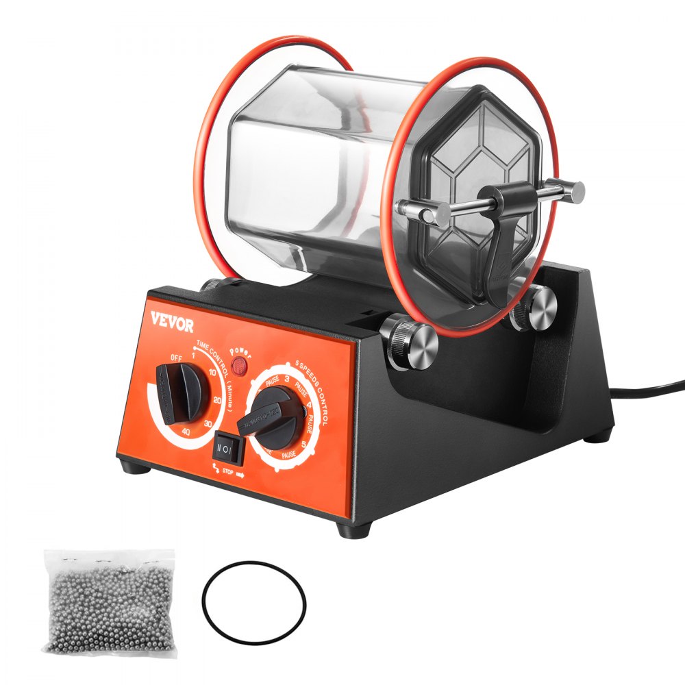 VEVOR jewelry polisher tumbler with red frame, control knobs, and extra polishing media.