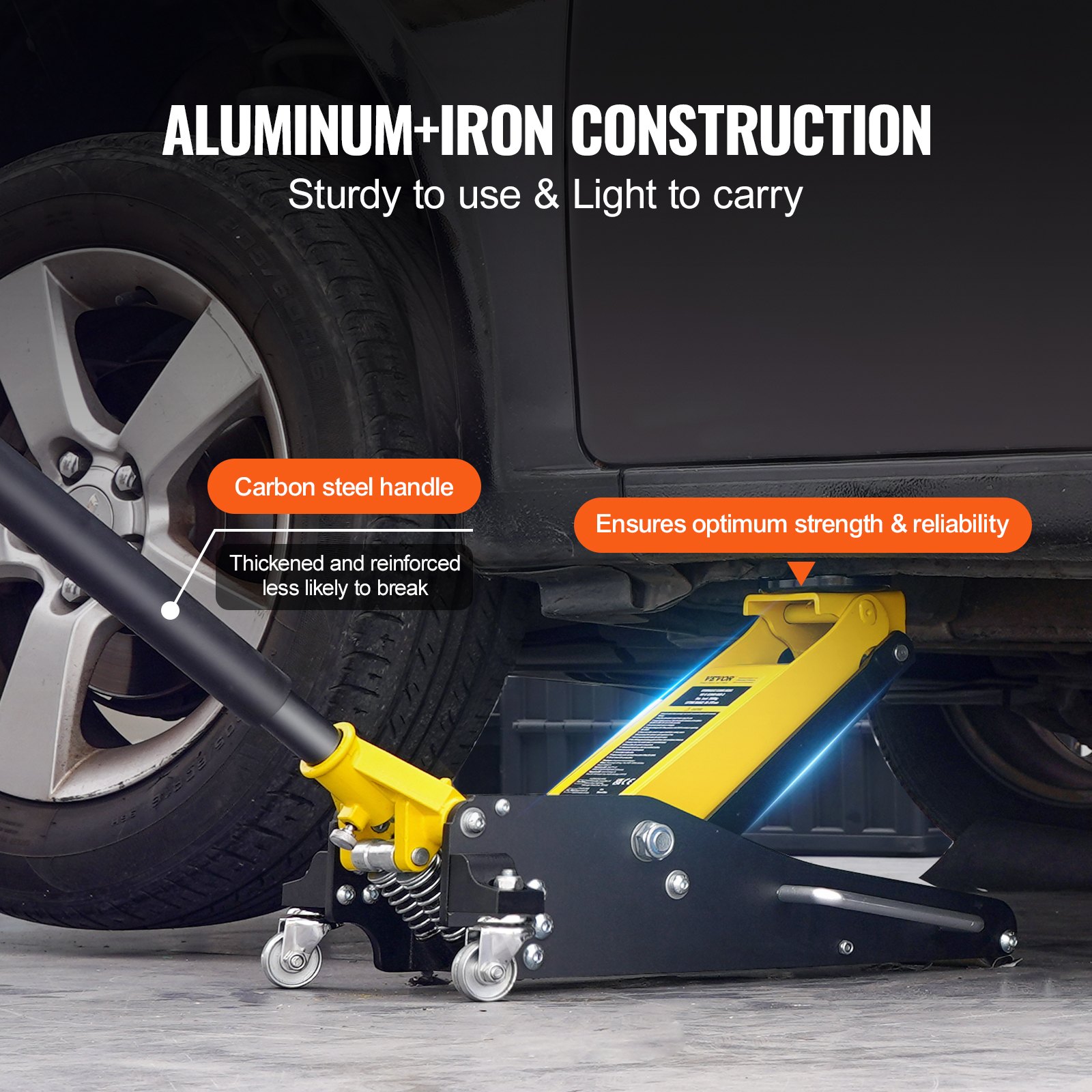 VEVOR Low Profile Floor Jack 2 Ton (4400 lbs) , Heavy Duty Aluminum Hydraulic Racing Floor Jack, Hydraulic Car Jack, Dual Piston Quick Lift Pump, 3.2"-14.6" Height Lifting Range (Yellow)