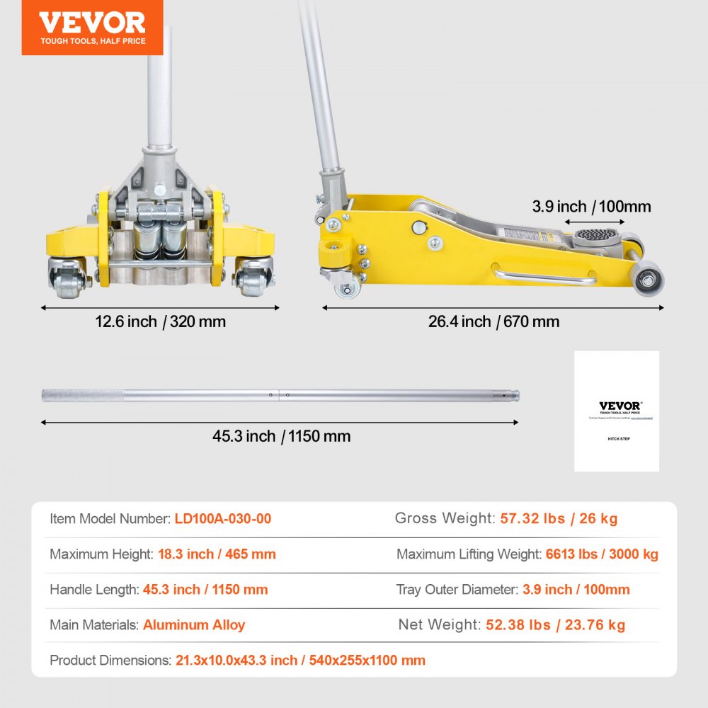 VEVOR Low Profile Floor Jack 3 Ton (6600 lbs), Heavy Duty Aluminum Hydraulic Racing Floor Jack, Hydraulic Car Jack, Dual Piston Quick Lift Pump, 3.7"-18.3" Height Lifting Range (Yellow)