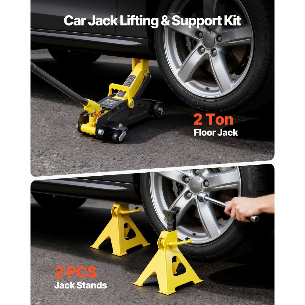 VEVOR Low Profile Floor Jack, 2 Ton (4400 lbs) Capacity, Steel Racing Floor Jack with Stands, Single Piston Quick Lift Pump, Hydraulic Trolley Car Lift for Compact SUVs, Lifting Range 5.1-12.2 Inches