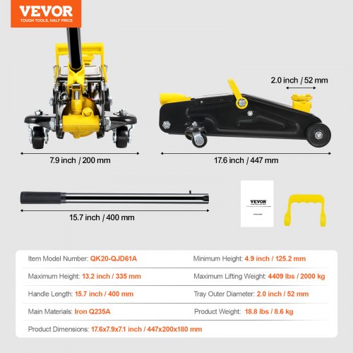 VEVOR 2 Ton Hydraulic Floor Jack – 4.9-13.2 in Lift Range