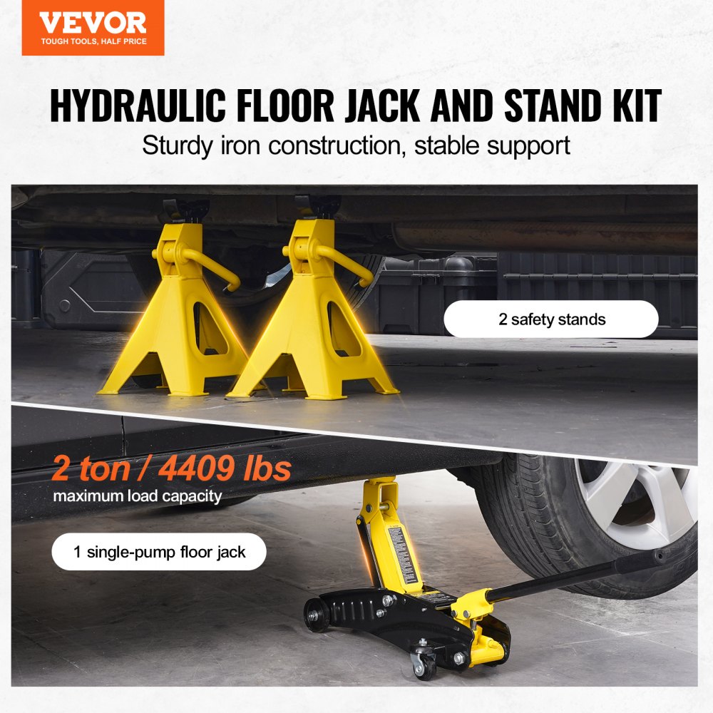 VEVOR Low Profile Floor Jack 2 Ton (4400 lbs), Heavy Duty Iron Hydraulic Racing Floor Jack, Hydraulic Car Jack with Jack Stands, Single Piston Quick Lift Pump, 4.6"-12.8" Height Lifting Range (Yellow)