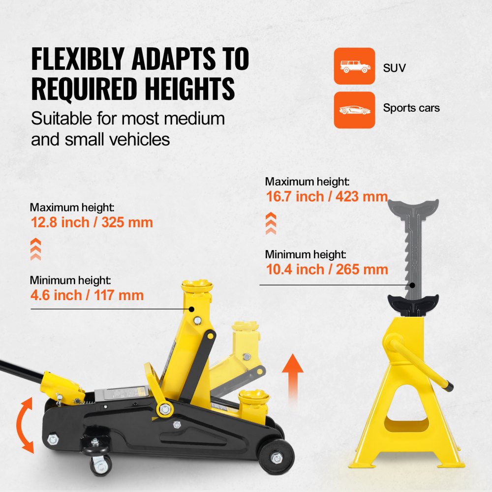 VEVOR Low Profile Floor Jack 2 Ton (4400 lbs), Heavy Duty Iron Hydraulic Racing Floor Jack, Hydraulic Car Jack with Jack Stands, Single Piston Quick Lift Pump, 4.6"-12.8" Height Lifting Range (Yellow)