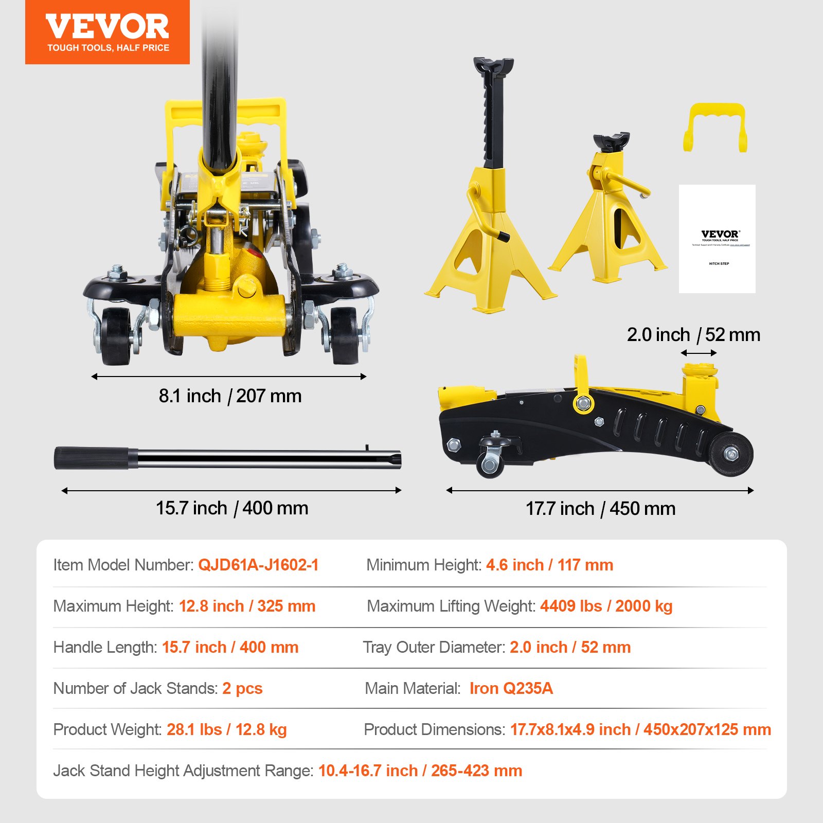VEVOR Low Profile Floor Jack 2 Ton (4400 lbs), Heavy Duty Iron Hydraulic Racing Floor Jack, Hydraulic Car Jack with Jack Stands, Single Piston Quick Lift Pump, 4.6"-12.8" Height Lifting Range (Yellow)