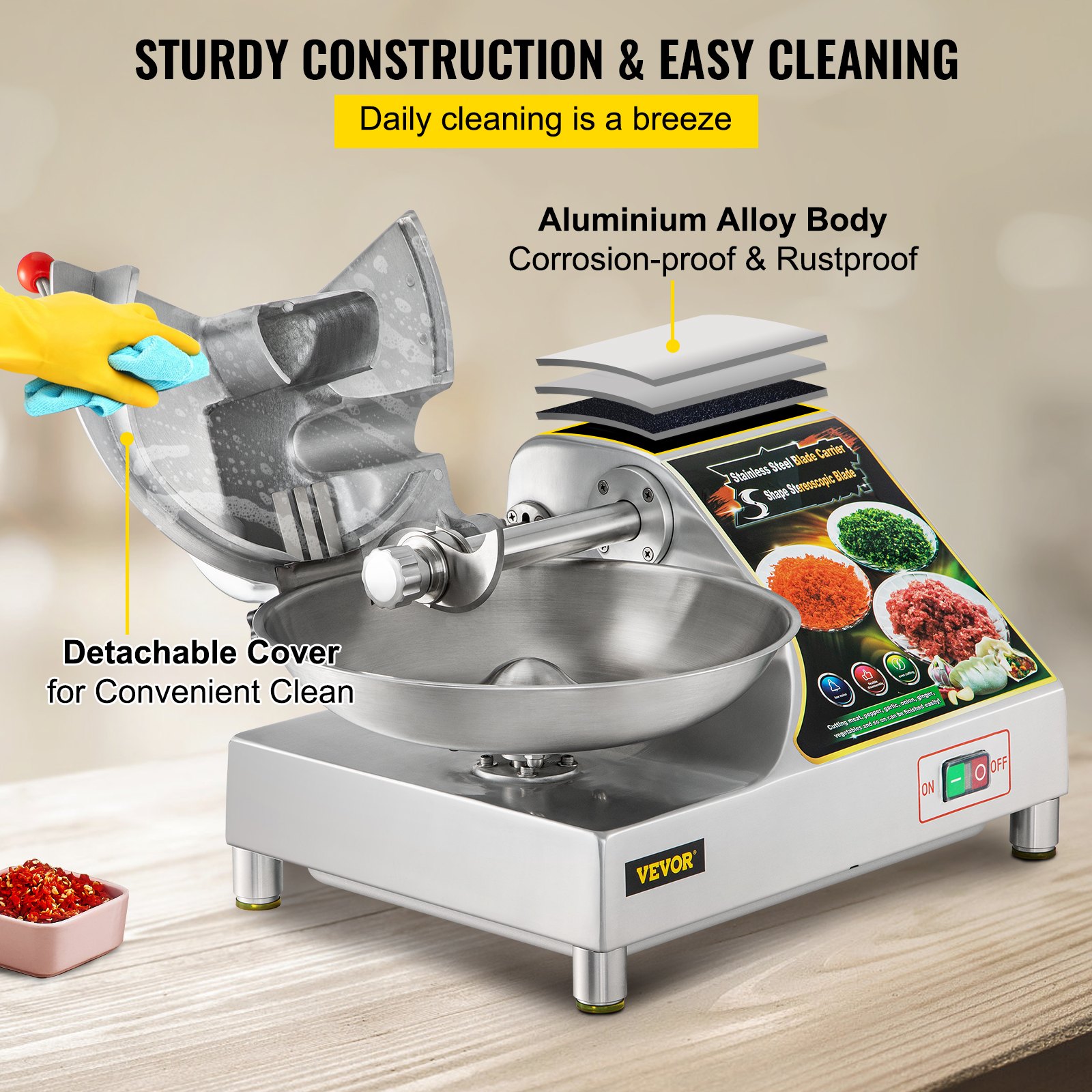 VEVOR Meat Blender and Grinder Electric, 400W Meat Chopper, Heavy-duty Food Processor with 10 L Stainless Steel Bowl and Sharp Blades, Multifunctional Food Chopper for Meat, Fruit, Vegetable, Nuts