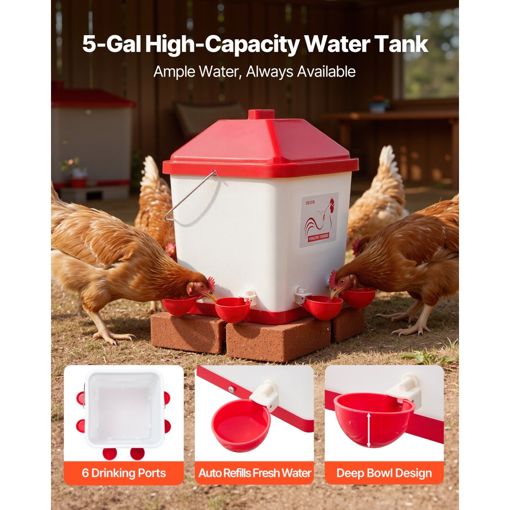 VEVOR Automatic Chicken Feeder & Waterer Set, 19 L/18.14 kg, Rain Proof Hanging Poultry Feeder with Water Cup No Waste, Automatic Gravity, Avoid Small Animals, Suitable for Chicken, Duck, Turkey