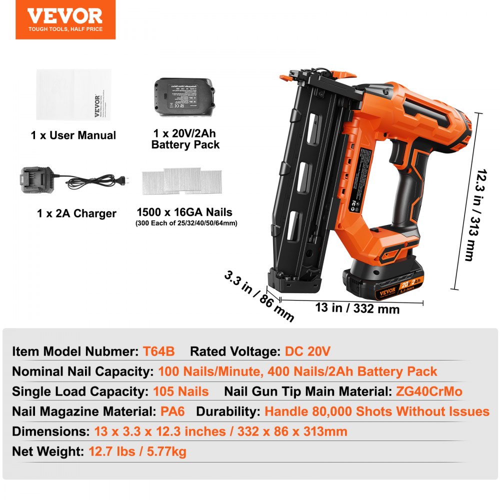 VEVOR Cordless Finish Nailer 20V Cordless Brad Nailer Kit 16Ga Nails Battery