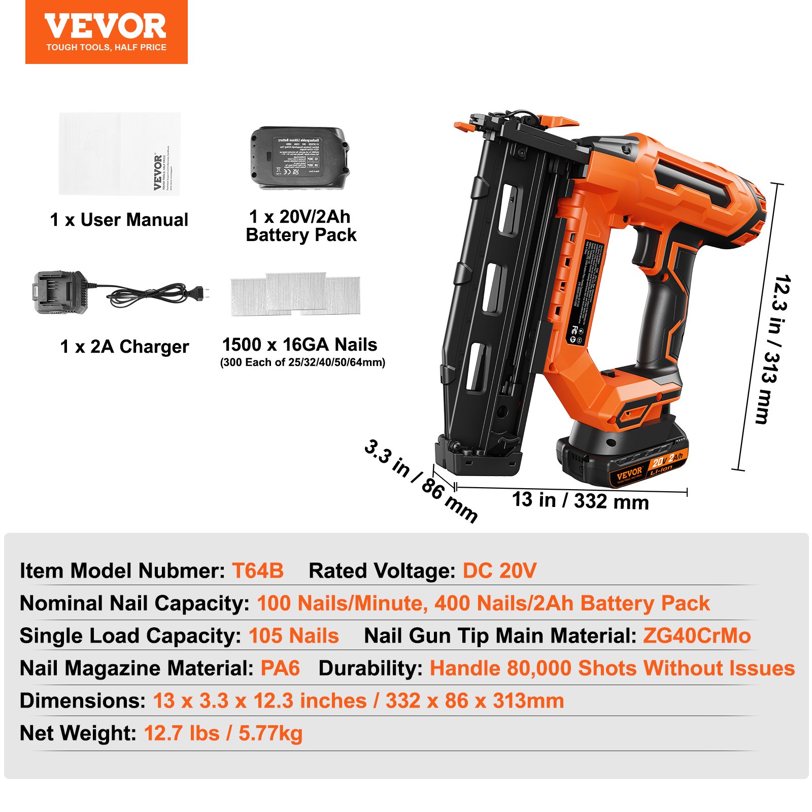 VEVOR Cordless Finish Nailer 20V Cordless Brad Nailer Kit 16Ga Nails Battery