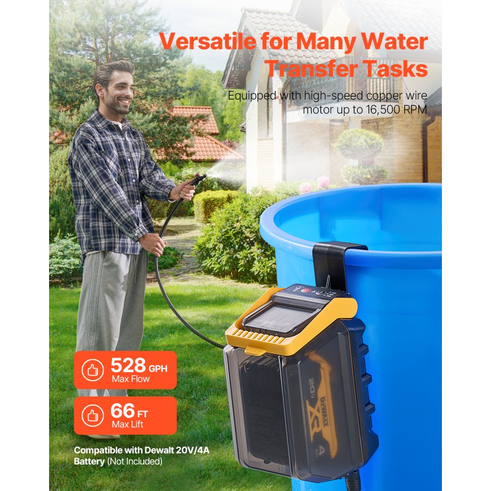 VEVOR Cordless Submersible Water Transfer Pump, 33 L/min(528GPH), Portable Sump Pump with G3/4" Garden Hose, Compatible with Dewalt 20V MAX Battery (No Battery), Electric Utility Pump for Pool, Garden, Pond
