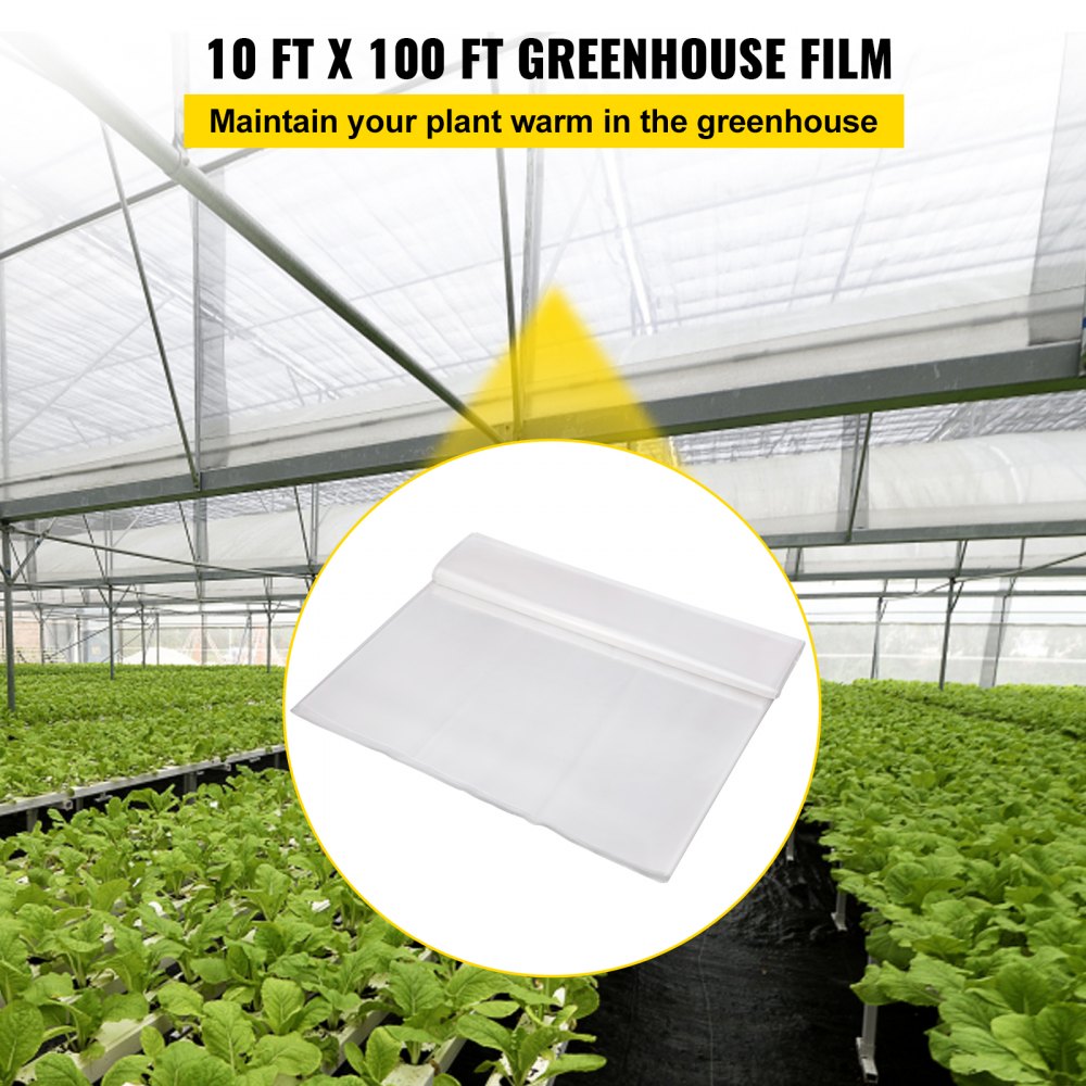 VEVOR Película de invernadero VEVOR, láminas de plástico para invernadero  de 10' x 100', cubierta solar de 6 mil de espesor para invernadero,  cubierta de polietileno transparente de 4 años, suministro de