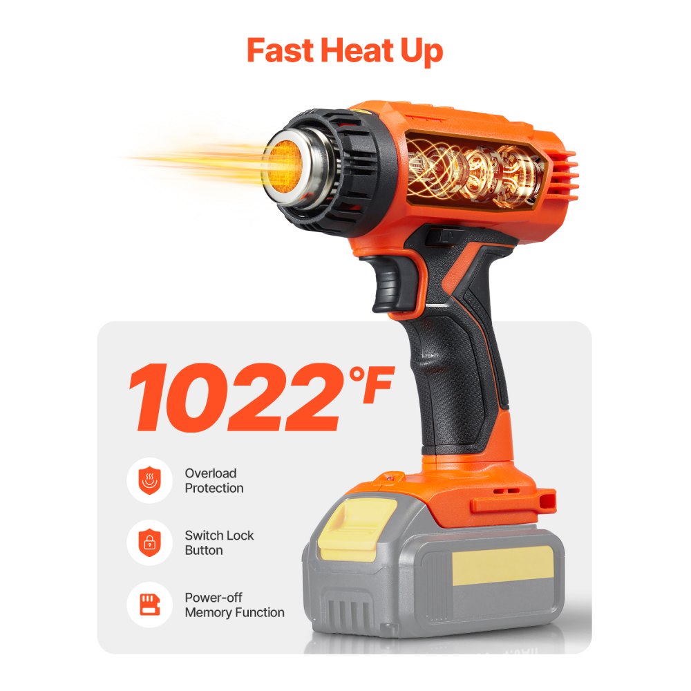 VEVOR Cordless Heat Gun, Hot Air Gun Compatible with DEWALT 20V Lithium Batteries, LCD Display Heat Shrink Gun with LED Light, Multi-Level Temp & 4 Nozzles, Ideal for Shrink Tubing, PVC Wrap, Crafting