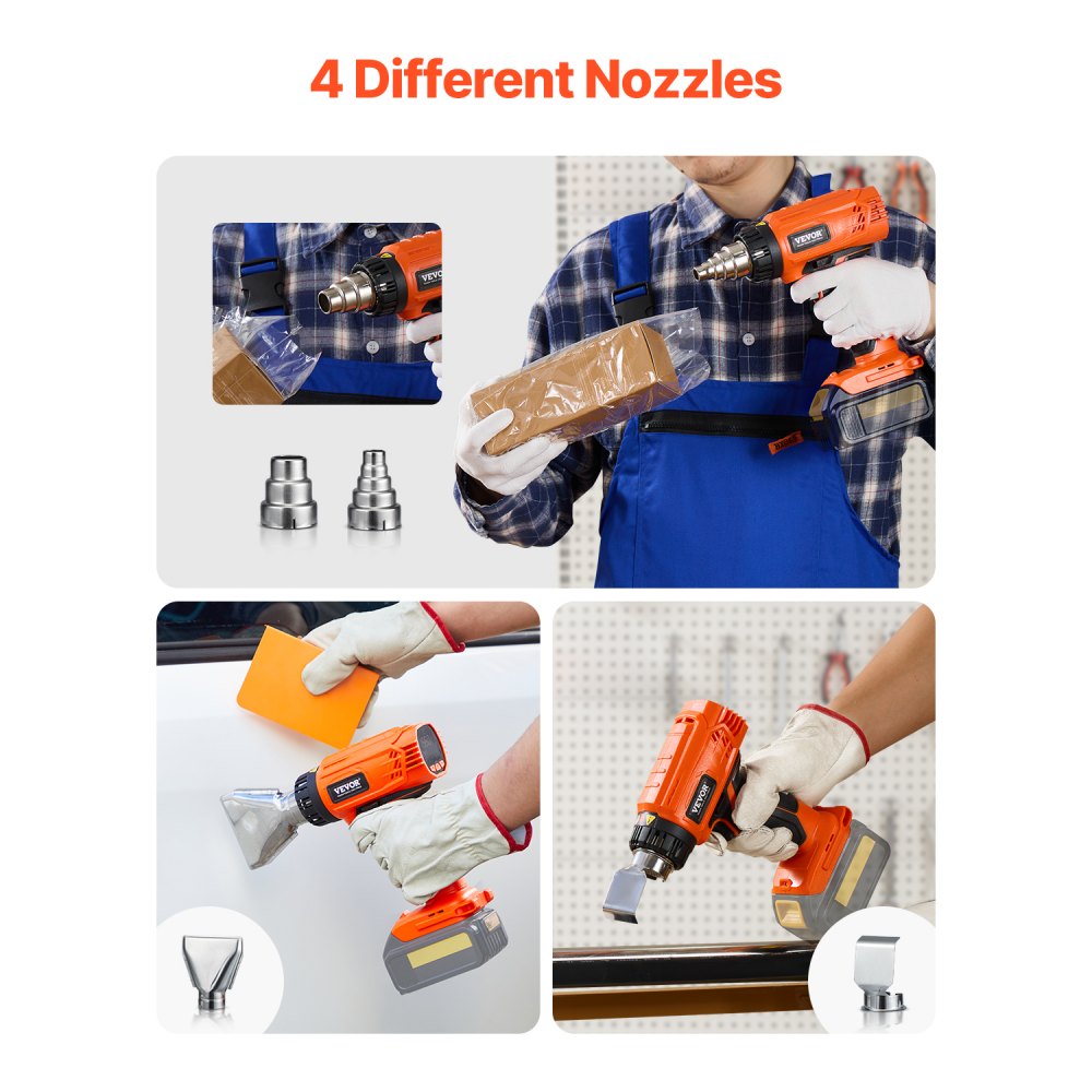 VEVOR Cordless Heat Gun, Hot Air Gun Compatible with DEWALT 20V Lithium Batteries, LCD Display Heat Shrink Gun with LED Light, Multi-Level Temp & 4 Nozzles, Ideal for Shrink Tubing, PVC Wrap, Crafting