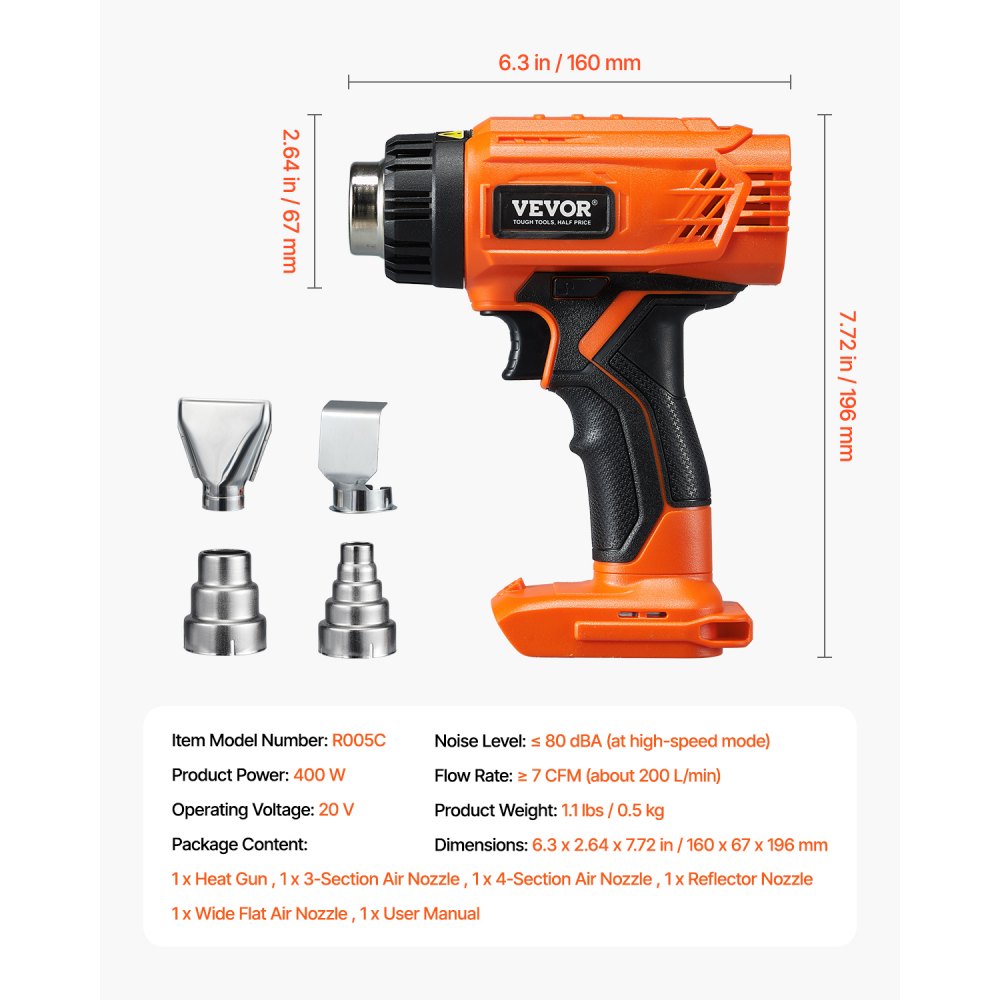 VEVOR Cordless Heat Gun, Hot Air Gun Compatible with DEWALT 20V Lithium Batteries, LCD Display Heat Shrink Gun with LED Light, Multi-Level Temp & 4 Nozzles, Ideal for Shrink Tubing, PVC Wrap, Crafting
