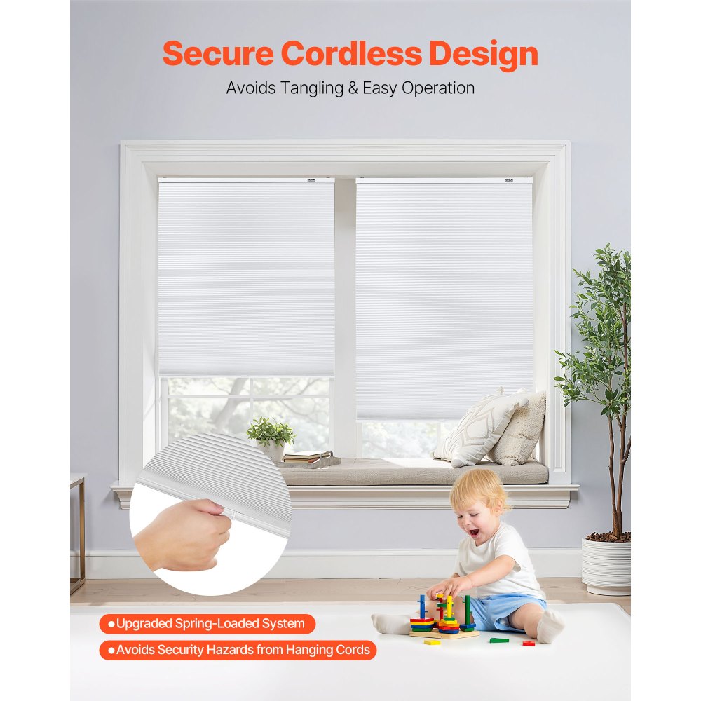 VEVOR Cellular Shades, 1 inch Light Filtering Cordless Cellular Blinds, Blackout Privacy Honeycomb Shades for Home Indoor Windows, Thermal Insulation Noise Reduction, for Living Room, Bedroom, White