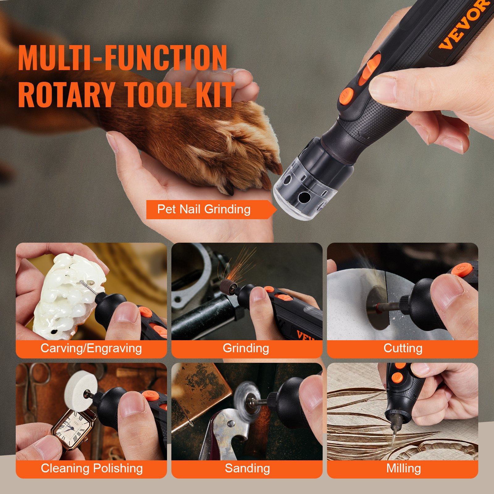 VEVOR Kit de herramientas rotativas de 4 V, mini herramienta de grabado recargable de 5 velocidades variables con cubierta protectora para pulido de uñas de mascotas, juego de accesorios de 36 piezas para pulido, lijado, tallado, corte, etc.