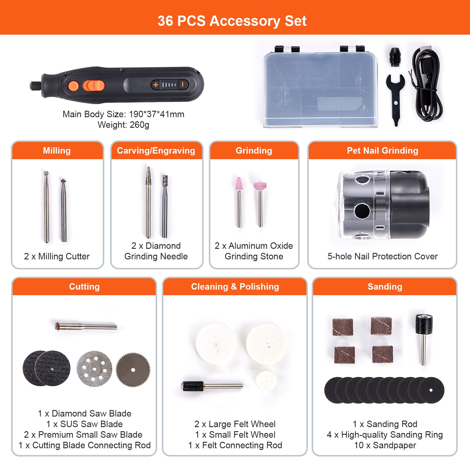 VEVOR Kit de herramientas rotativas de 4 V, mini herramienta de grabado recargable de 5 velocidades variables con cubierta protectora para pulido de uñas de mascotas, juego de accesorios de 36 piezas para pulido, lijado, tallado, corte, etc.