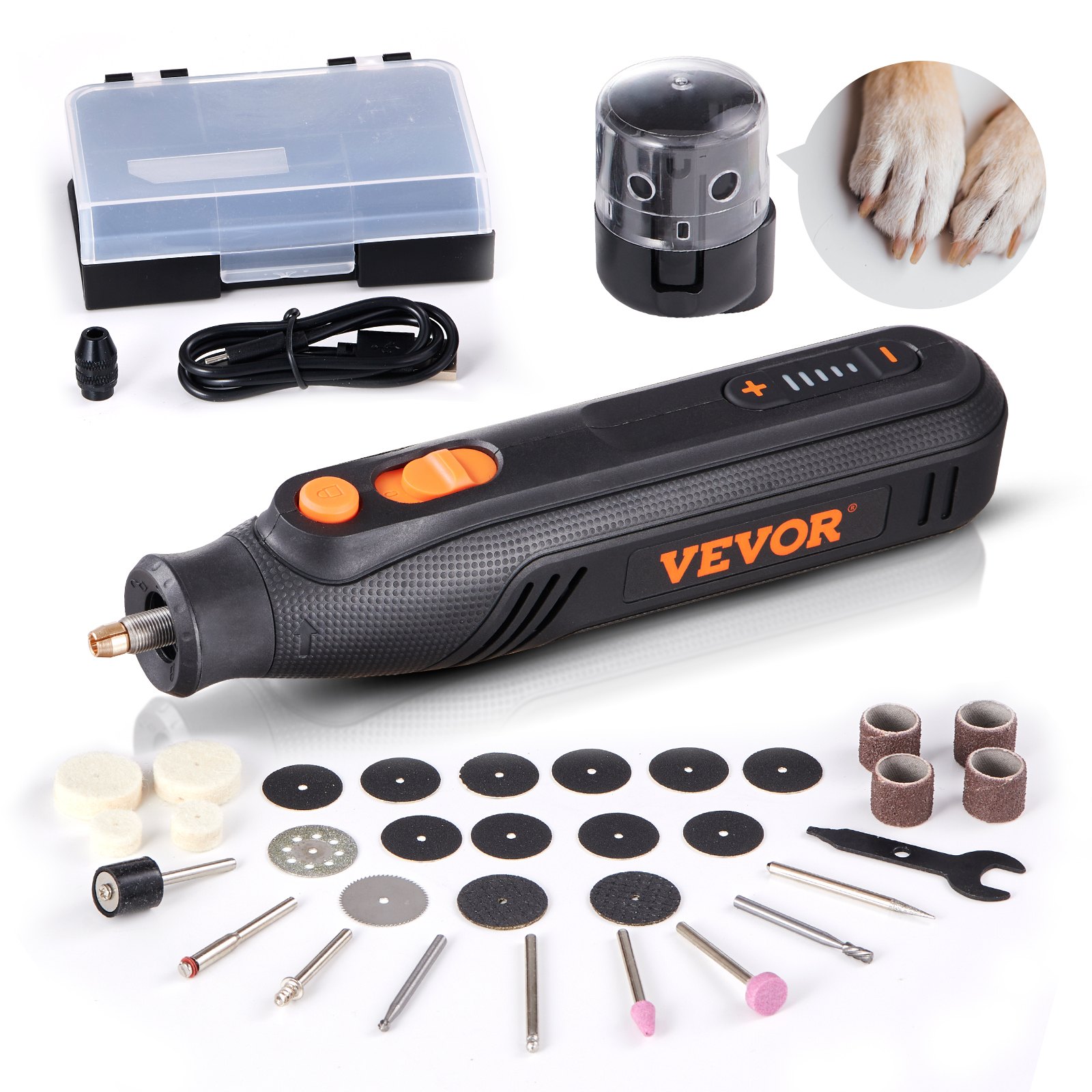VEVOR Kit de herramientas rotativas de 4 V, mini herramienta de grabado recargable de 5 velocidades variables con cubierta protectora para pulido de uñas de mascotas, juego de accesorios de 36 piezas para pulido, lijado, tallado, corte, etc.