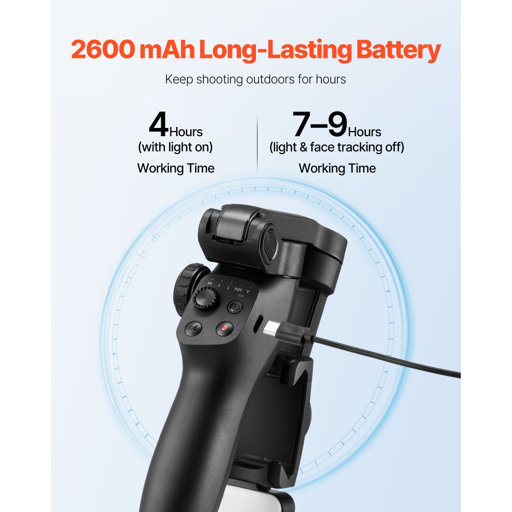 VEVOR Gimbal Stabilizer for Smartphone, 3-Axis Stabilization, Phone Gimbal for Android & iPhone with Magnetic Fill Light, Face Tracking, Gesture Control, Phone Stabilizer for Video Recording Vlogging