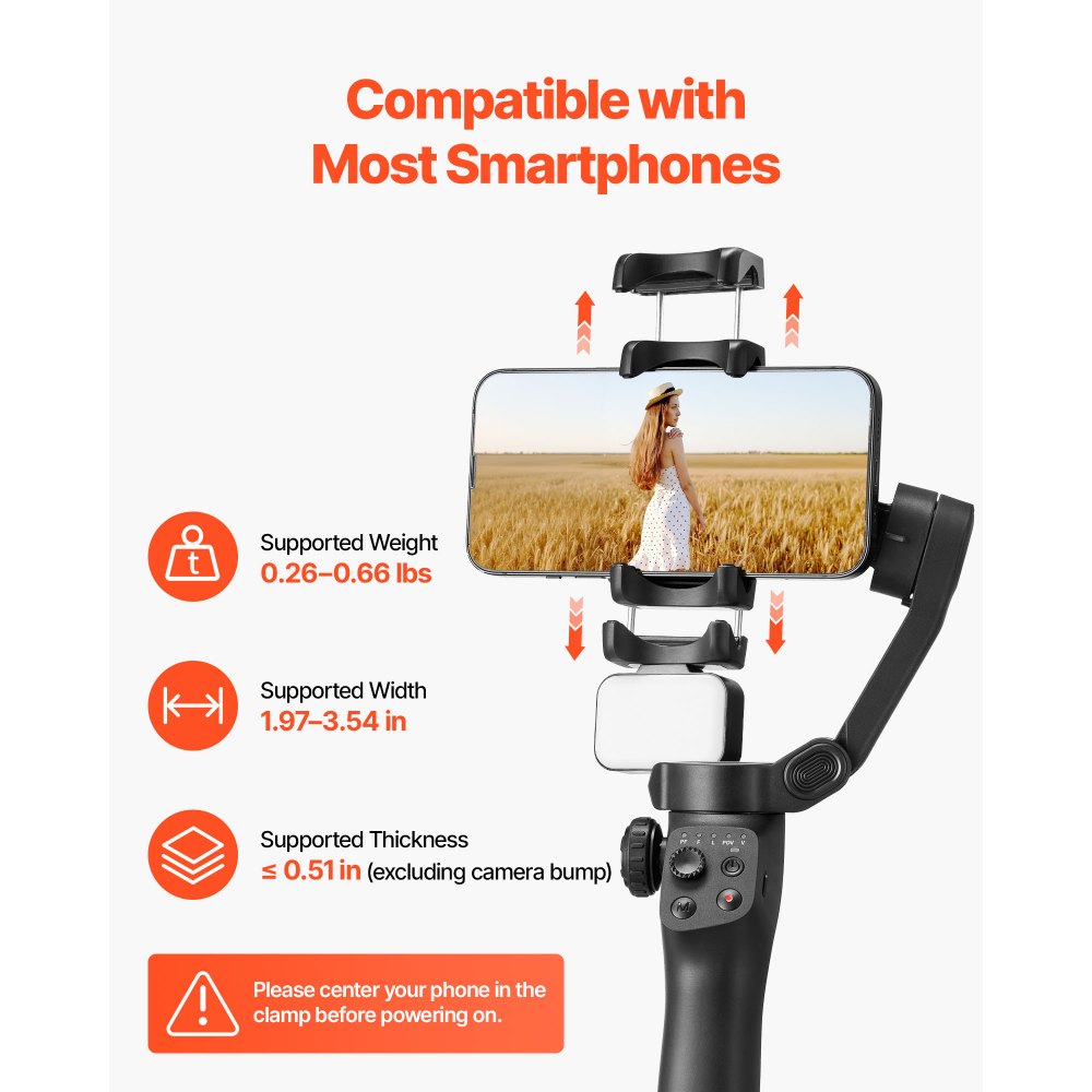 VEVOR Gimbal Stabilizer for Smartphone, 3-Axis Stabilization, Phone Gimbal for Android & iPhone with Magnetic Fill Light, Face Tracking, Gesture Control, Phone Stabilizer for Video Recording Vlogging
