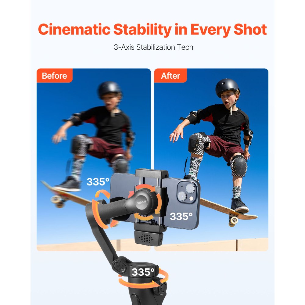 VEVOR Gimbal Stabilizer for Smartphone, 3-Axis Stabilization, AI-Powered Phone Gimbal for Android iPhone with Fill Light, Tripod, Auto Tracking, Portable Foldable Phone Stabilizer for Video Recording