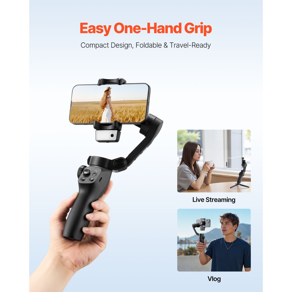 VEVOR Gimbal Stabilizer for Smartphone, 3-Axis Stabilization, AI-Powered Phone Gimbal for Android iPhone with Fill Light, Tripod, Auto Tracking, Portable Foldable Phone Stabilizer for Video Recording