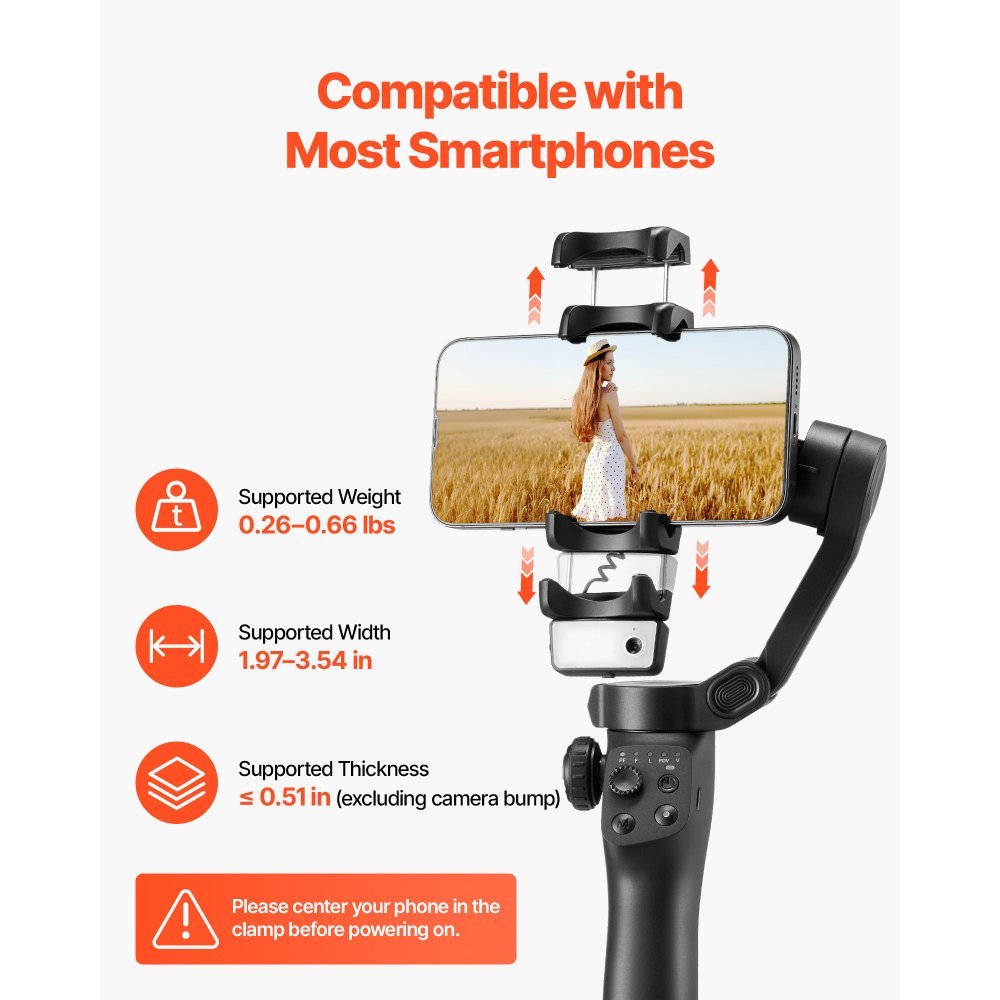 VEVOR Gimbal Stabilizer for Smartphone, 3-Axis Stabilization, AI-Powered Phone Gimbal for Android iPhone with Fill Light, Tripod, Auto Tracking, Portable Foldable Phone Stabilizer for Video Recording