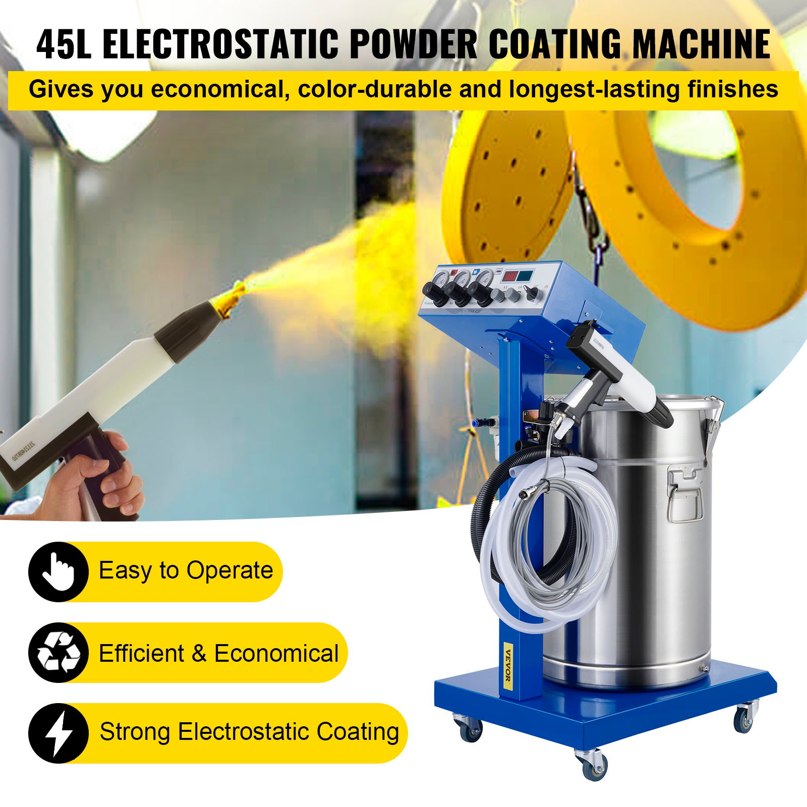 VEVOR Powder Coating Machine WX-958 Electrostatic Spray Powder Coating Machine 50W 45L Electrostatic Powder Coating System Spraying Gun Paint System Powder Coating Equipment