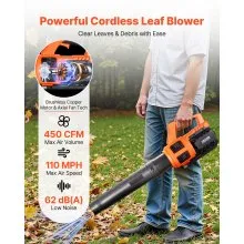 VEVOR Cordless Leaf Blower, 20V Powerful Electric Leaf Blower with 2.0Ah Battery, Fast Charging & Quiet Operation, 2 Speed Control, 450 CFM/110 MPH Lightweight Powered Blowers for Leaves Lawn Care