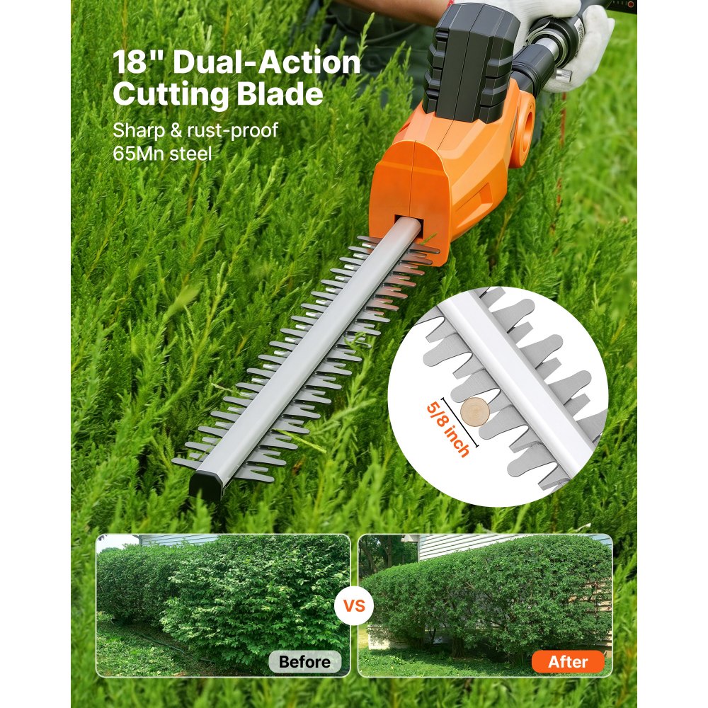 VEVOR Cordless Pole Hedge Trimmer, 20V Electric Bush Trimmer Kit with 457.2 mm Double-Edged Steel Blade, 187.5-238.5 cm Telescoping Design for High Branches (2.0Ah Battery and Fast Charger Included)