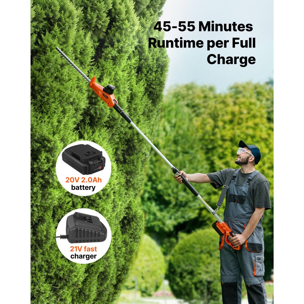 VEVOR Cordless Pole Hedge Trimmer, 20V Electric Bush Trimmer Kit with 457.2 mm Double-Edged Steel Blade, 187.5-238.5 cm Telescoping Design for High Branches (2.0Ah Battery and Fast Charger Included)