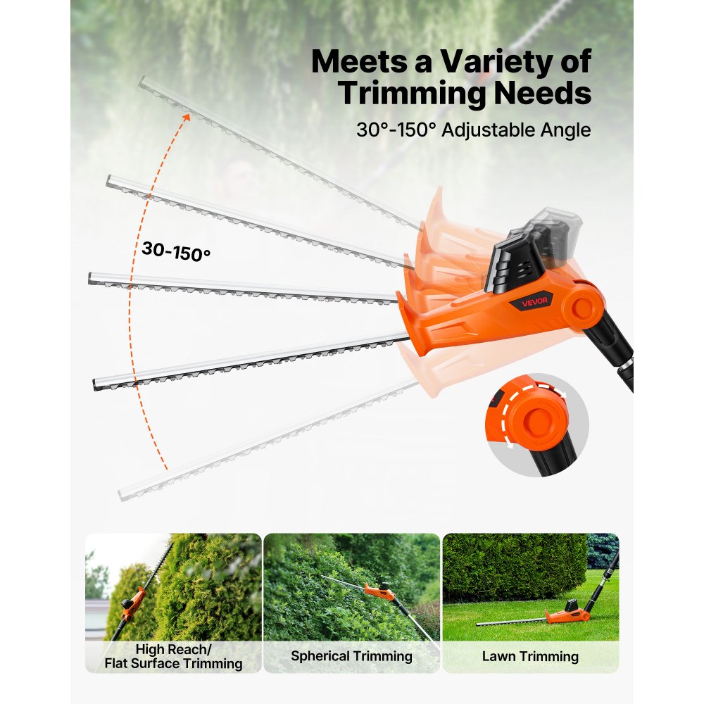 VEVOR Cordless Pole Hedge Trimmer, 20V Electric Bush Trimmer Kit with 457.2 mm Double-Edged Steel Blade, 187.5-238.5 cm Telescoping Design for High Branches (2.0Ah Battery and Fast Charger Included)