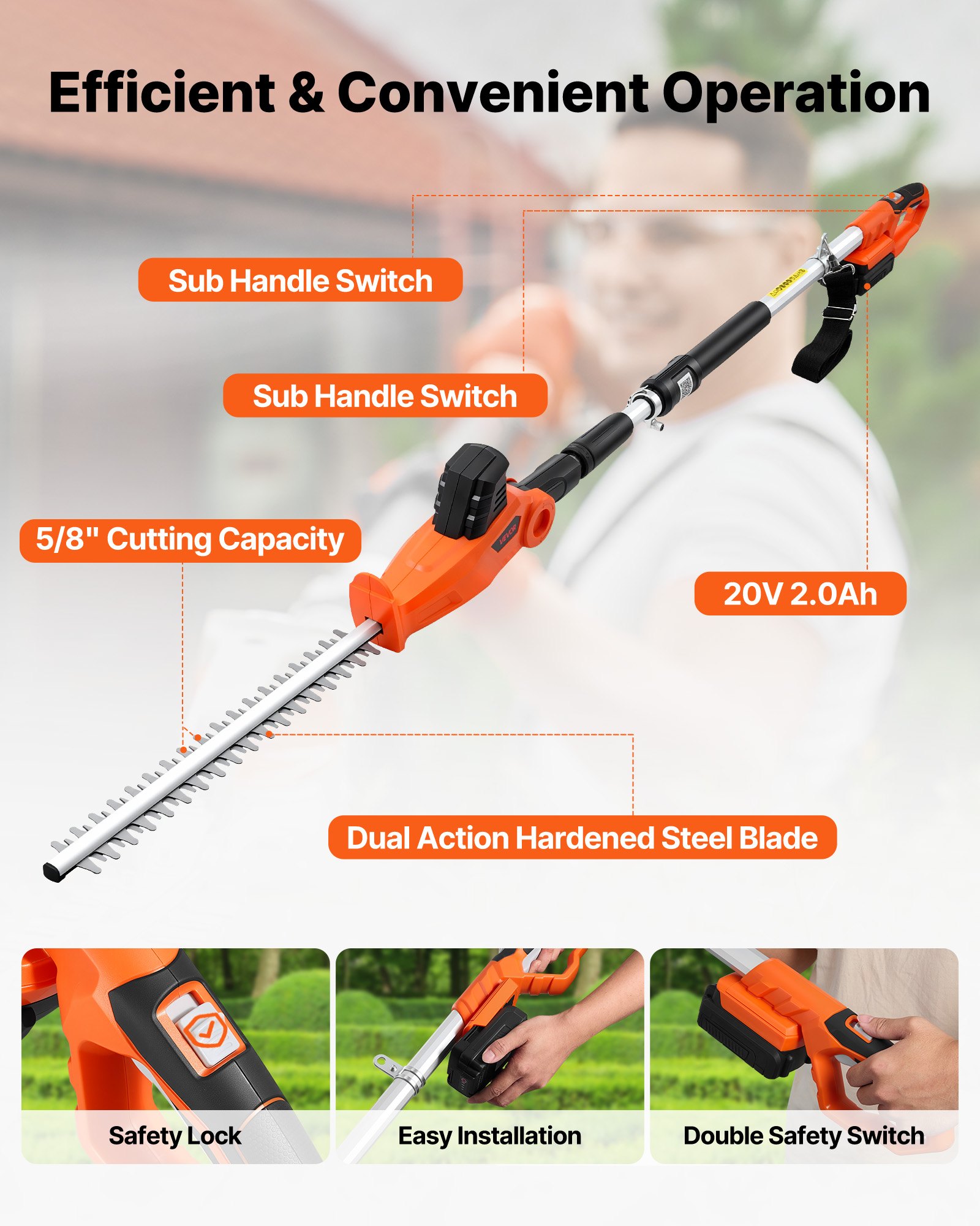 VEVOR Cordless Pole Hedge Trimmer, 20V Electric Bush Trimmer Kit with 457.2 mm Double-Edged Steel Blade, 187.5-238.5 cm Telescoping Design for High Branches (2.0Ah Battery and Fast Charger Included)