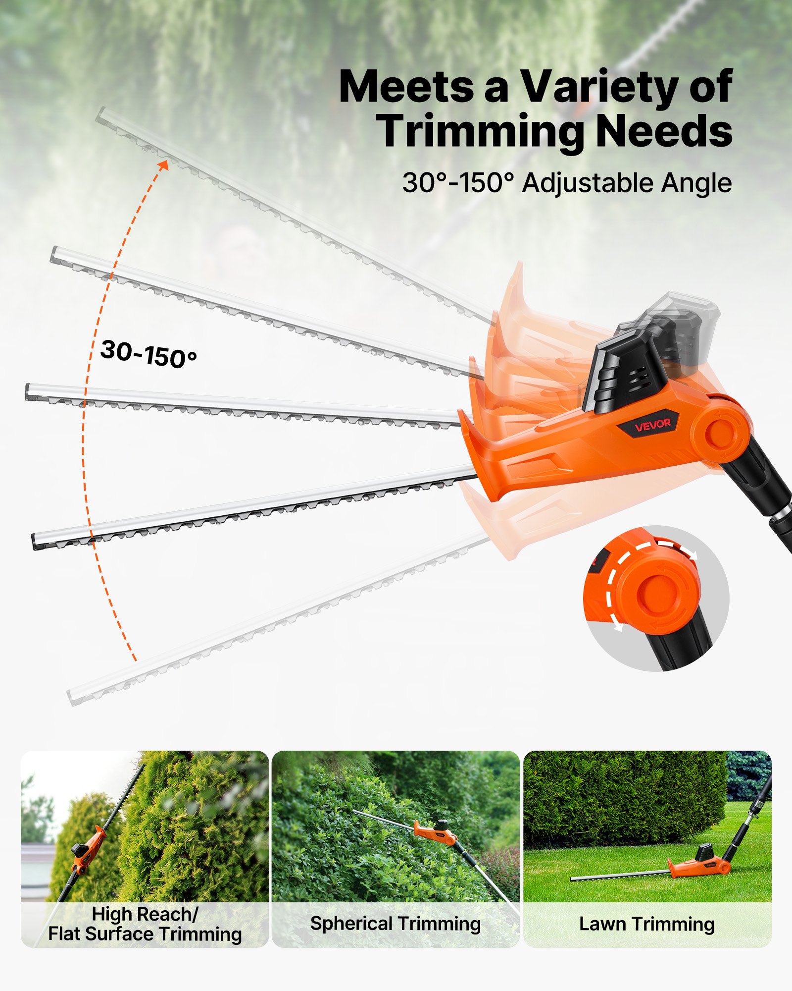 VEVOR Cordless Pole Hedge Trimmer, 20V Electric Bush Trimmer Kit with 457.2 mm Double-Edged Steel Blade, 187.5-238.5 cm Telescoping Design for High Branches (2.0Ah Battery and Fast Charger Included)