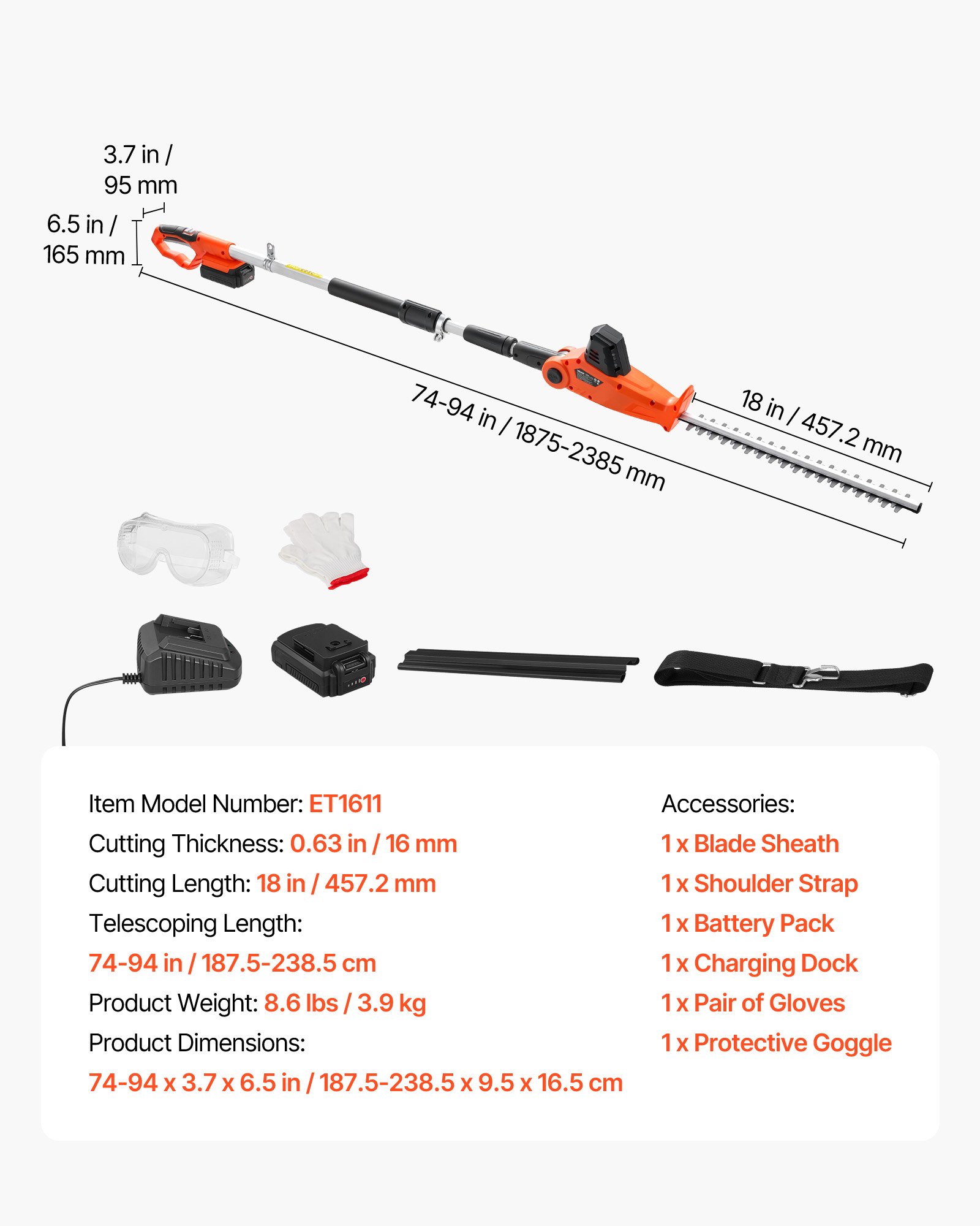 VEVOR Cordless Pole Hedge Trimmer, 20V Electric Bush Trimmer Kit with 457.2 mm Double-Edged Steel Blade, 187.5-238.5 cm Telescoping Design for High Branches (2.0Ah Battery and Fast Charger Included)