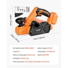 VEVOR Cordless Handheld Planer, 3-1/4-Inch Cut Width, 15000 RPM Electric Hand Wood Planer with Brushless Motor, Adjustable Cut Depth for Woodworking, Compatible with VEVOR 18V Battery (Bare Tool Only)