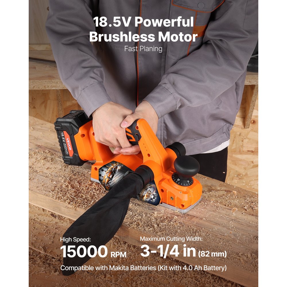 VEVOR Cordless Handheld Planer, 82 mm Cut Width, 15000 RPM Electric Hand Wood Planer with 4 Ah 18V Lithium Battery, Brushless Motor, Adjustable Cut Depth, Dust Collection Bag, for Woodworking