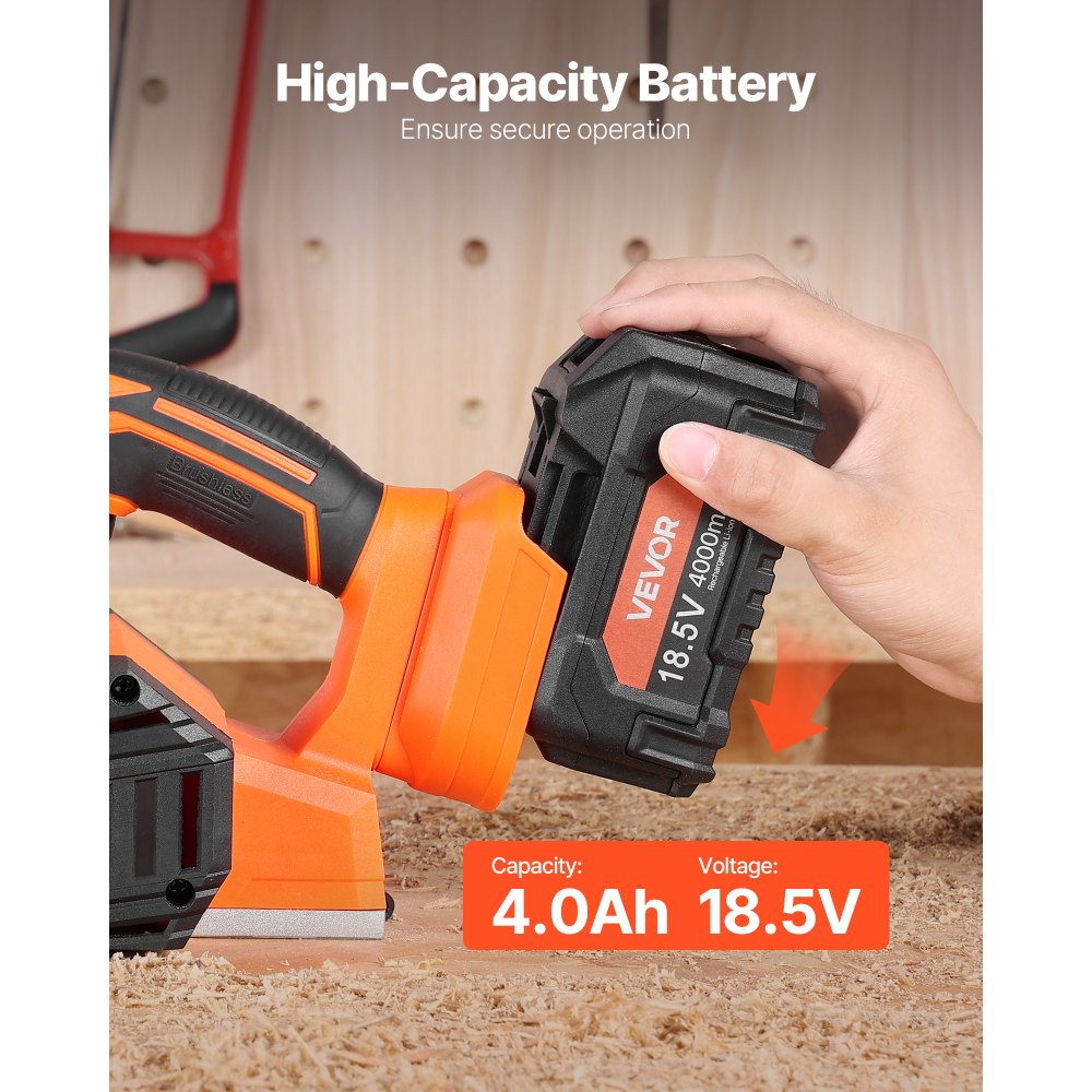 VEVOR Cordless Handheld Planer, 82 mm Cut Width, 15000 RPM Electric Hand Wood Planer with 4 Ah 18V Lithium Battery, Brushless Motor, Adjustable Cut Depth, Dust Collection Bag, for Woodworking