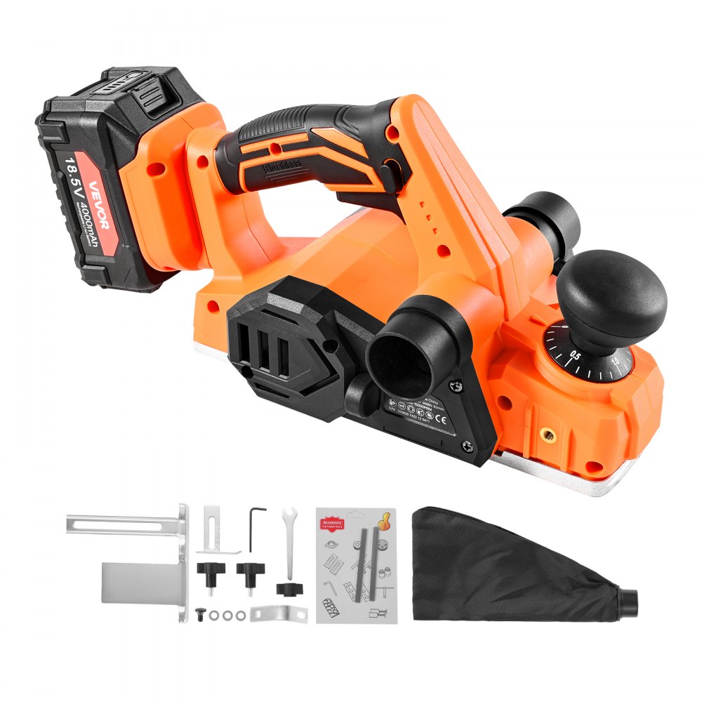 VEVOR Cordless Handheld Planer, 82 mm Cut Width, 15000 RPM Electric Hand Wood Planer with 4 Ah 18V Lithium Battery, Brushless Motor, Adjustable Cut Depth, Dust Collection Bag, for Woodworking