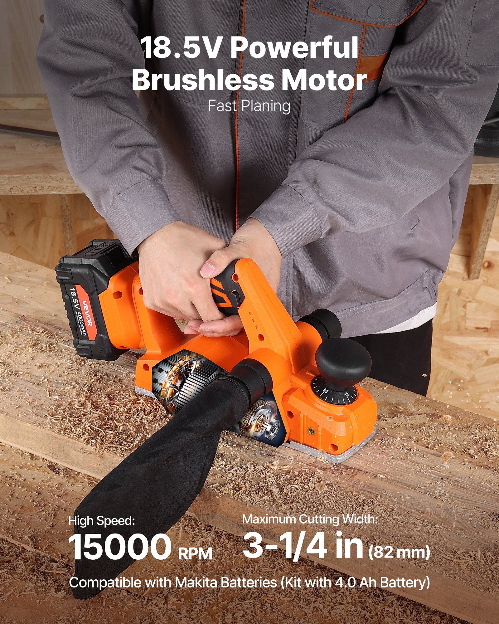VEVOR Cordless Handheld Planer, 82 mm Cut Width, 15000 RPM Electric Hand Wood Planer with 4 Ah 18V Lithium Battery, Brushless Motor, Adjustable Cut Depth, Dust Collection Bag, for Woodworking