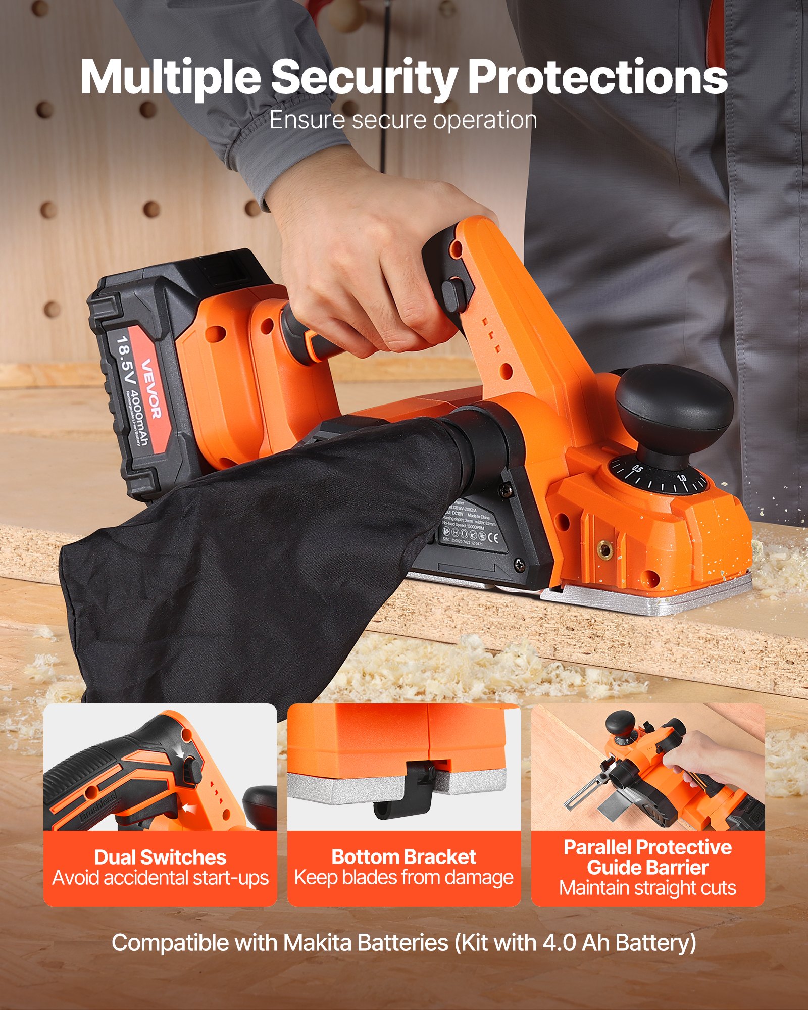 VEVOR Cordless Handheld Planer, 82 mm Cut Width, 15000 RPM Electric Hand Wood Planer with 4 Ah 18V Lithium Battery, Brushless Motor, Adjustable Cut Depth, Dust Collection Bag, for Woodworking