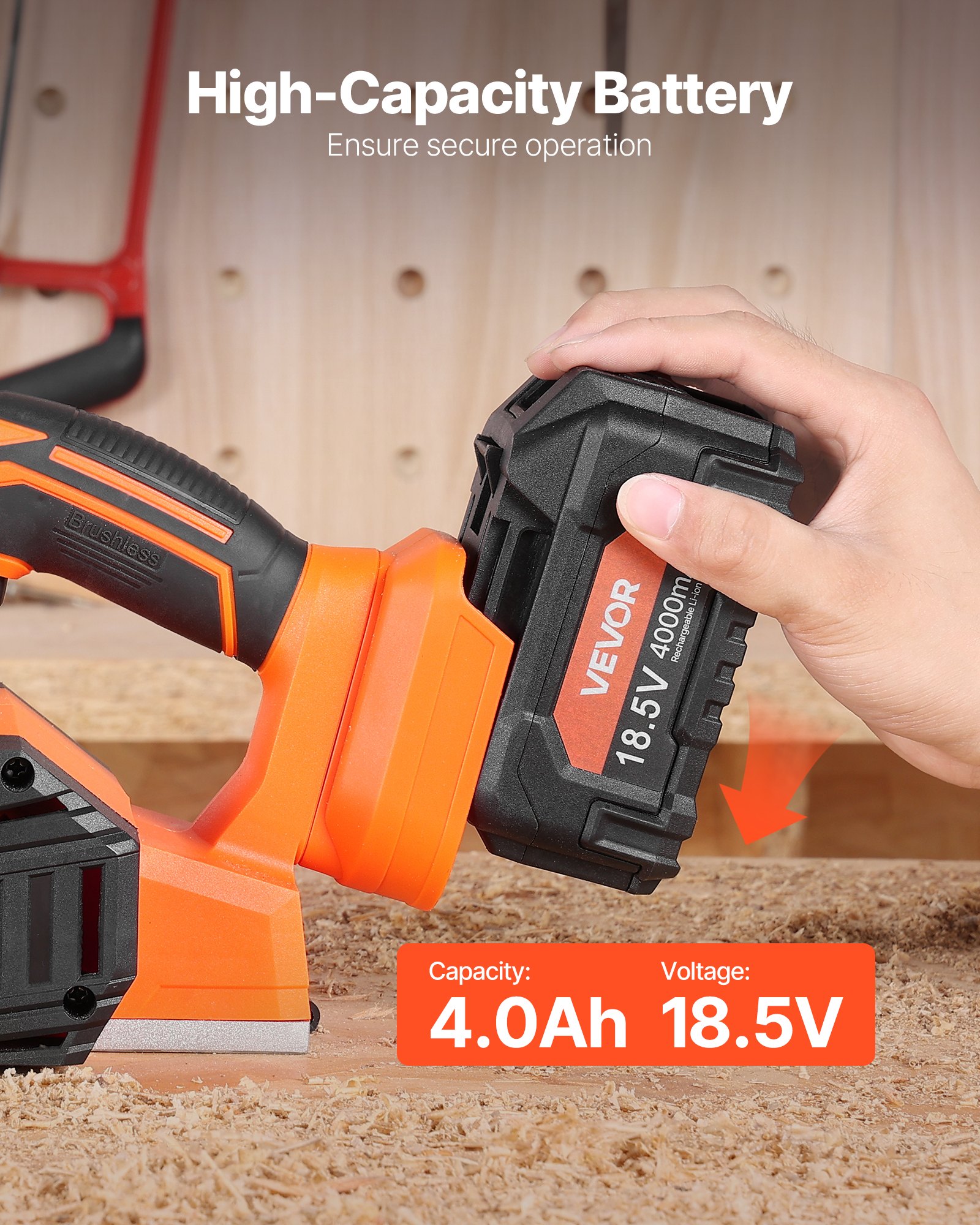 VEVOR Cordless Handheld Planer, 82 mm Cut Width, 15000 RPM Electric Hand Wood Planer with 4 Ah 18V Lithium Battery, Brushless Motor, Adjustable Cut Depth, Dust Collection Bag, for Woodworking
