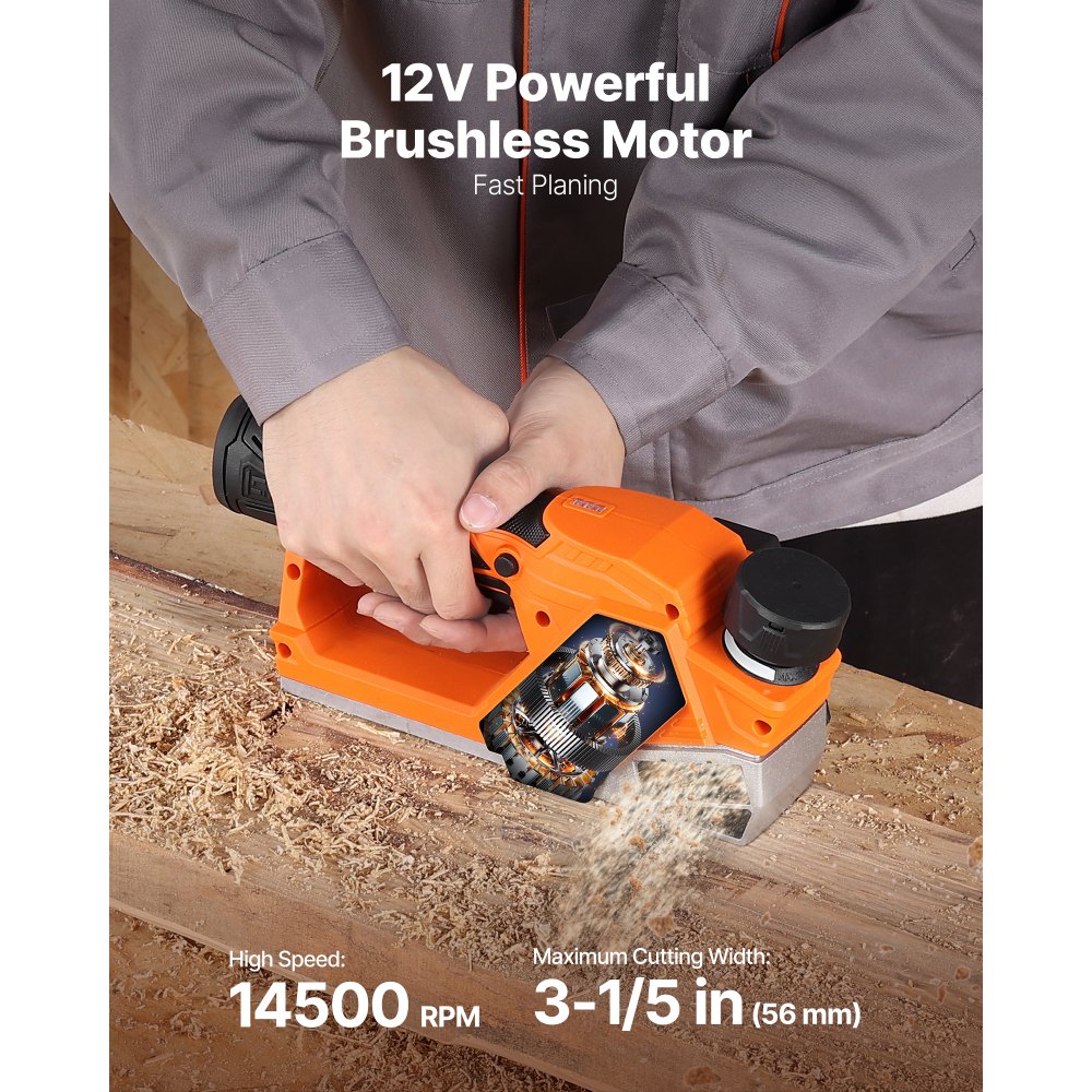 VEVOR Cordless Handheld Planer, 2-1/5-Inch Cut Width, 14500 RPM Electric Hand Wood Planer with 2 Ah 12V Lithium Battery, Brushless Motor, Adjustable Cut Depth, 2 Blades, for Woodworking Wood Chamfer