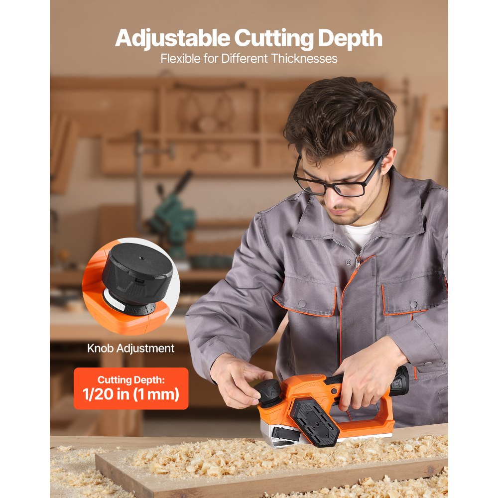 VEVOR Cordless Handheld Planer, 2-1/5-Inch Cut Width, 14500 RPM Electric Hand Wood Planer with 2 Ah 12V Lithium Battery, Brushless Motor, Adjustable Cut Depth, 2 Blades, for Woodworking Wood Chamfer